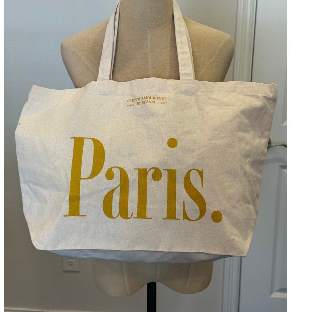 Sezane French Armour Tour Canvas Tote Bag Paris Austin Cream Yellow 13 x 20